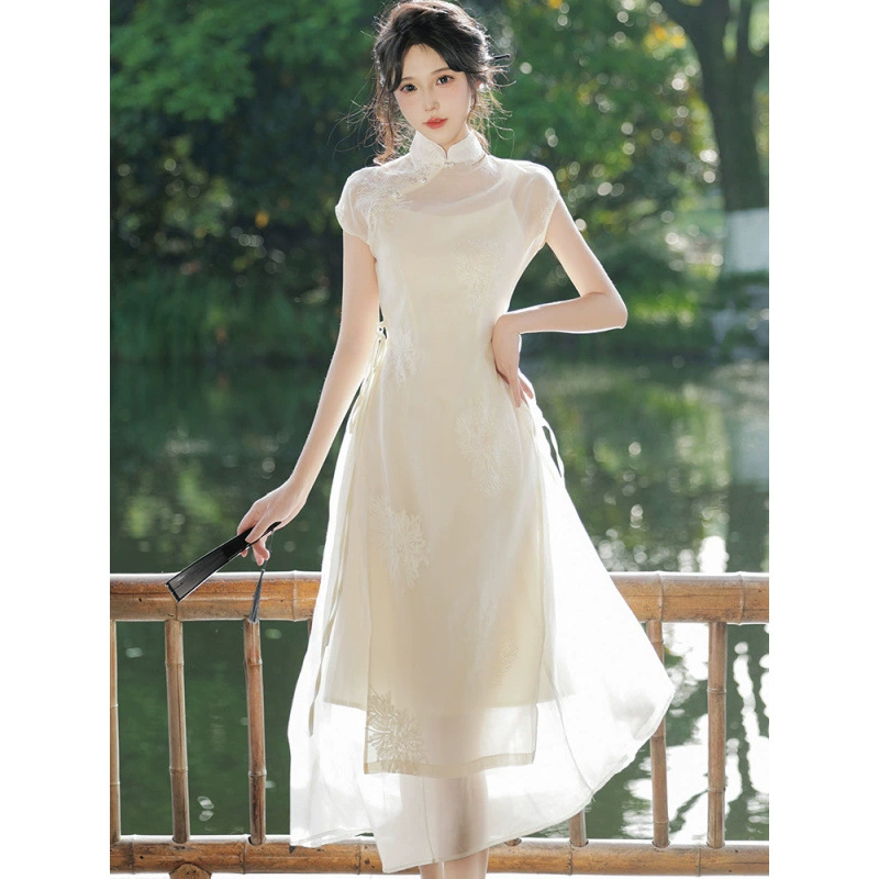 Китайский стиль улучшенный воротник чонсам женский темперамент высокого класса ретро талия тонкая A-образное платье новый китайский костюм