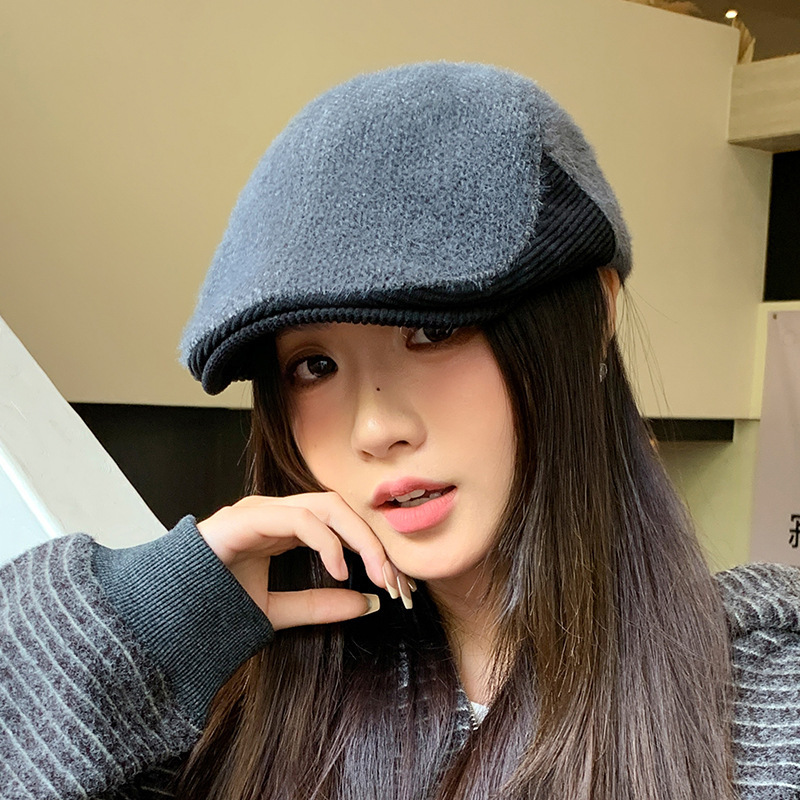 韩版文艺青年画家帽秋冬女士英伦风前进帽复古拼接加厚保暖鸭舌帽|undefined