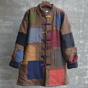 Chinese Style Original Patch Cotton-padded Jacket Mid-length Jacket Vertical Collar Short Gown Patchwork Personalized Vintage plus size Cotton-padded Coat Jacket