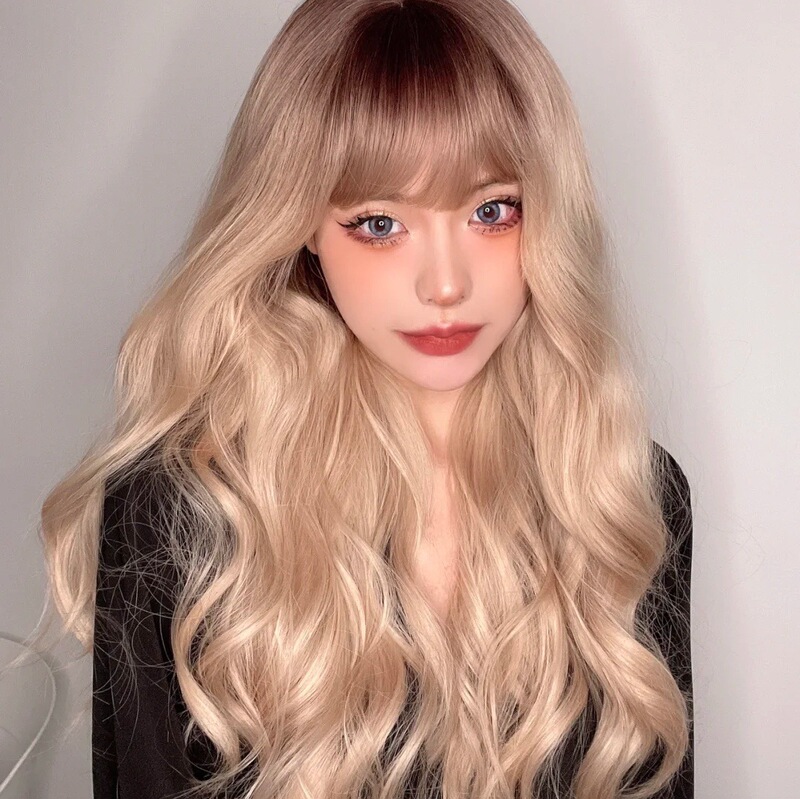 Lolita Wig for Women, Long Curly Hair with Full Bangs, Daily Style, Cosplay High Crown Wig Piece