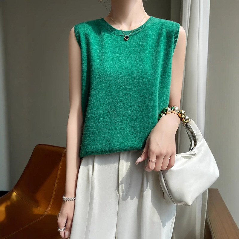 Cross-Border New Round Neck Thin Knitted Sweater Camisole Women's Loose Slimming Solid Color Versatile Bottoming Shirt Top Outer