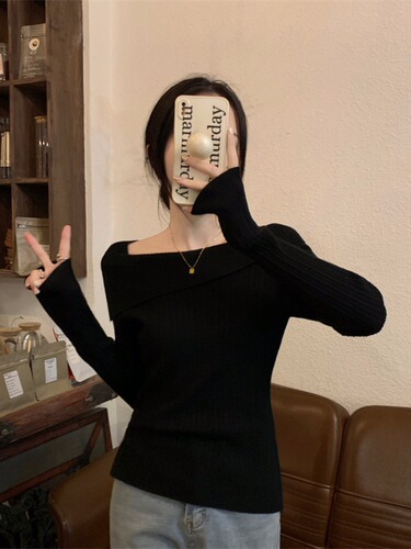 One-shoulder knitted base shirt for women, suitable for spring, autumn, and winter, with irregular innerwear, French-style high-waist, normal shoulder, collarbone-length sleeve top