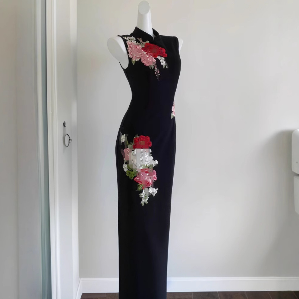 8799 New Chinese Style Improved Cheongsam Elegant Slim Fit Heavy Craft 8799 Peony Embroidery Black National Style Long Dress