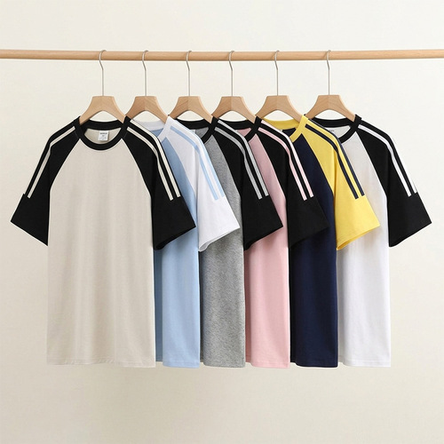 Free delivery, 200g summer short-sleeved men's t-shirt, contrasting color, three-bar combed cotton top, loose round collar and half-sleeve clothes