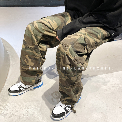 Vintage American Retro Camouflage Work Pants for Men Spring Autumn High Street Ins Trendy Brand Oversize Drawstring Pants