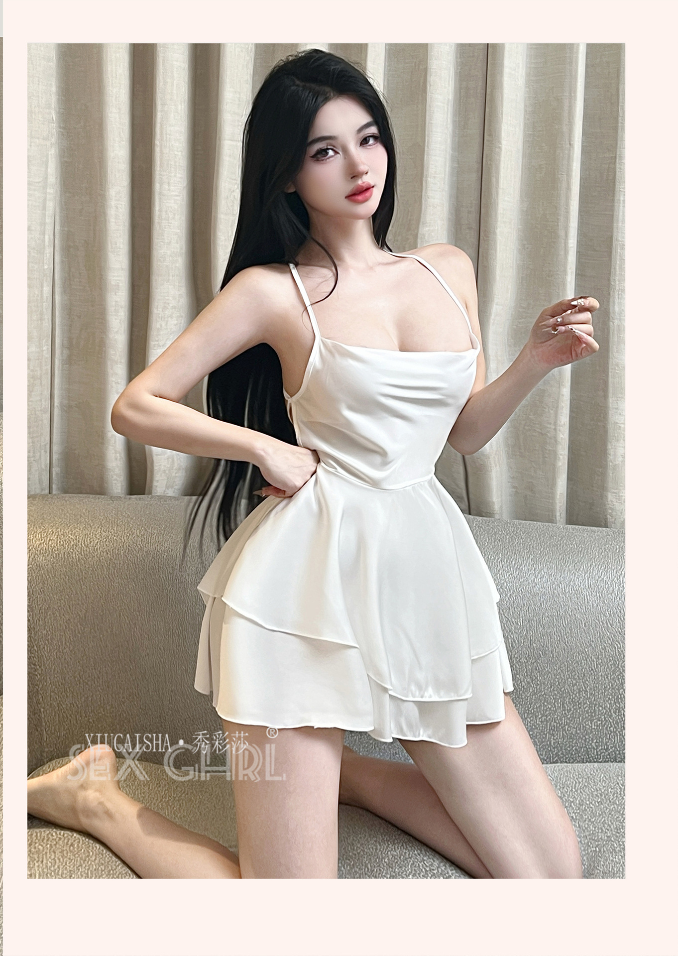 Satin Camisole Nightdress Set with Back Ties, Purple Lingerie with Black Stockings, One Size — detail image 28
