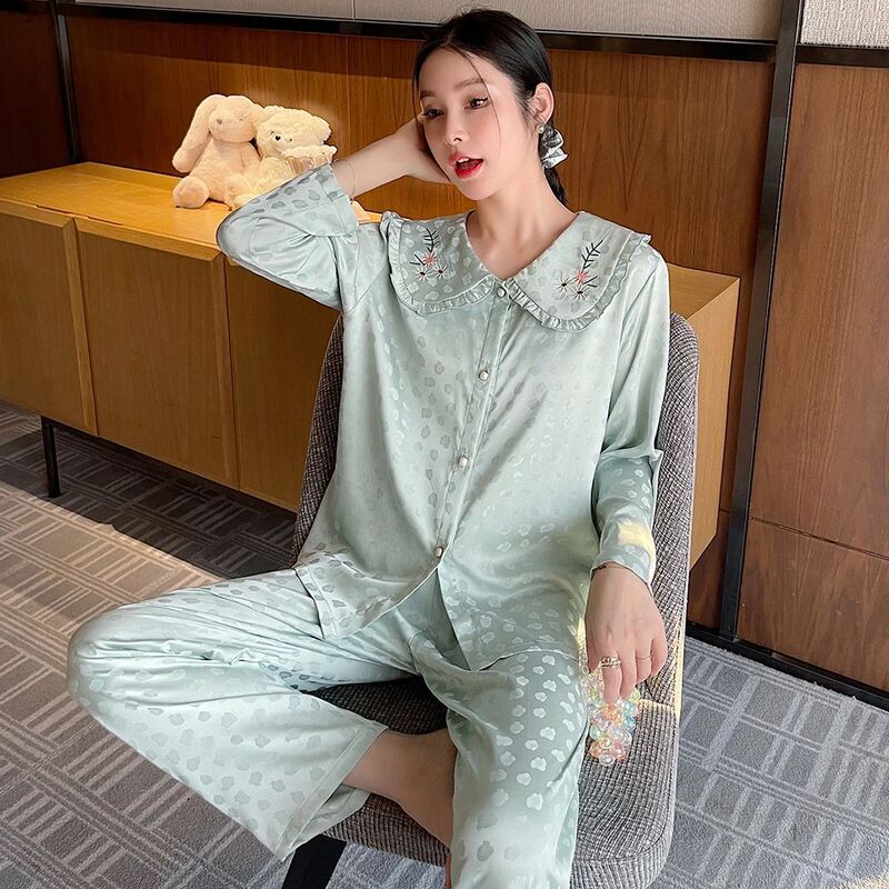 Shanghai Story New Ice Silk Pajamas Women's Summer Long-sleeved Doll Collar suit High-end Ice Silk Jacquard Home Clothes