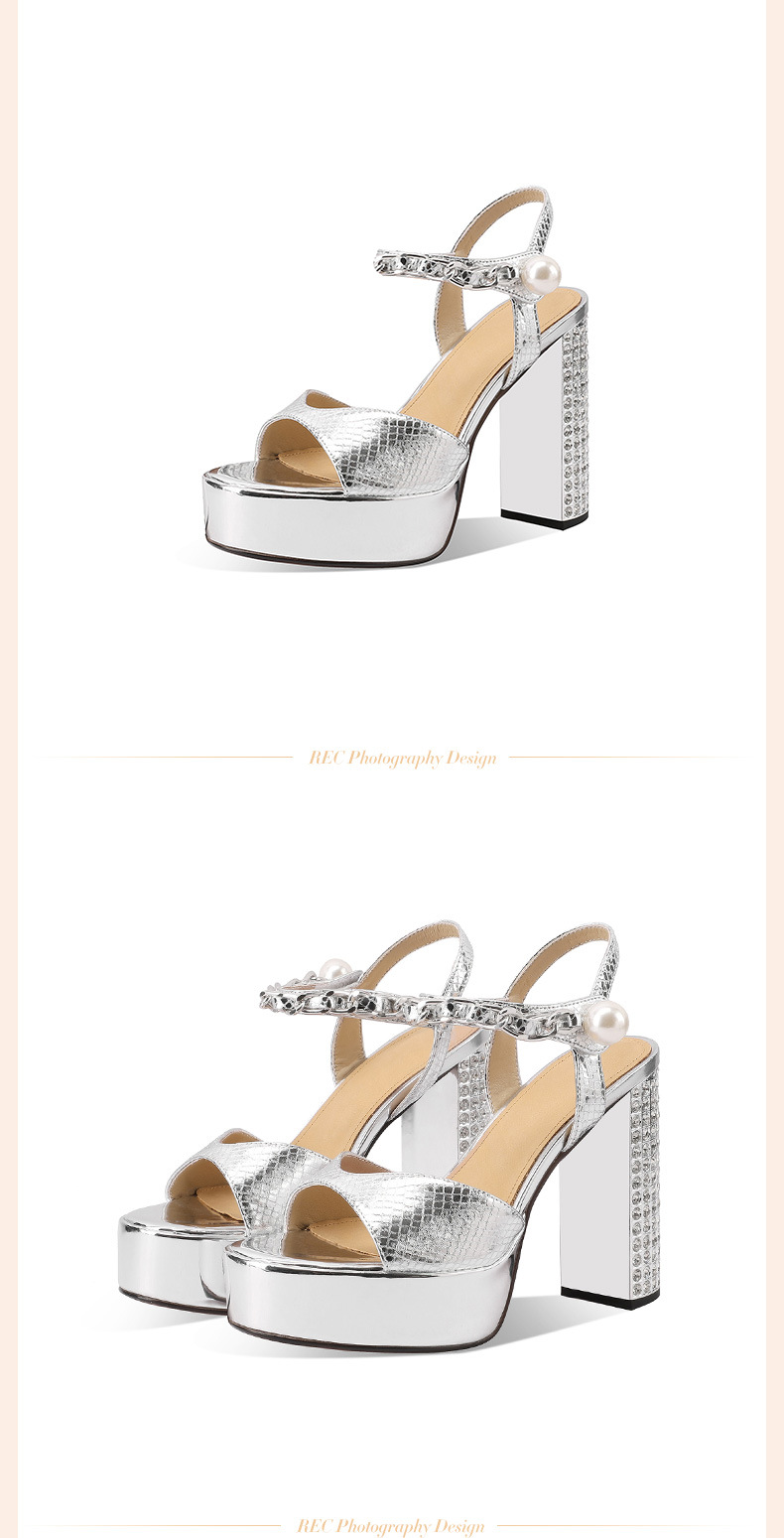 Sandal cao gót nữ hở mũi đính đá, gót thô 12 cm, đế platform 4 cm, quai ngang khóa, da thật phong cách Âu Mỹ — đen chi tiết 6