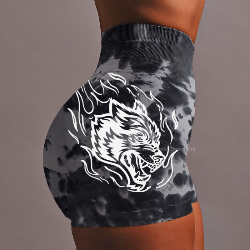 in stock Darc Wolf Head Shorts Seamless Seamless Three-point Pants Tie-dyed High Waist Hip Leggings Yoga Pants