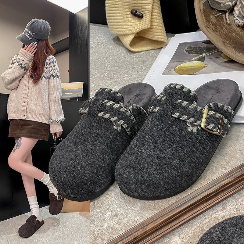 Birkenstock Shoes Woolen Evening Style Korean Style Outer Wear Gray Slip-On Thick-Soled Women's Felt Evening Toe Half Slippers Women's Retro