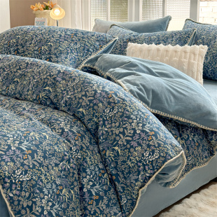 One side cotton one side velvet warm quilt cover separate quilt cover skin-friendly fleece-lined quilt core cover sheet four-piece set autumn and winter
