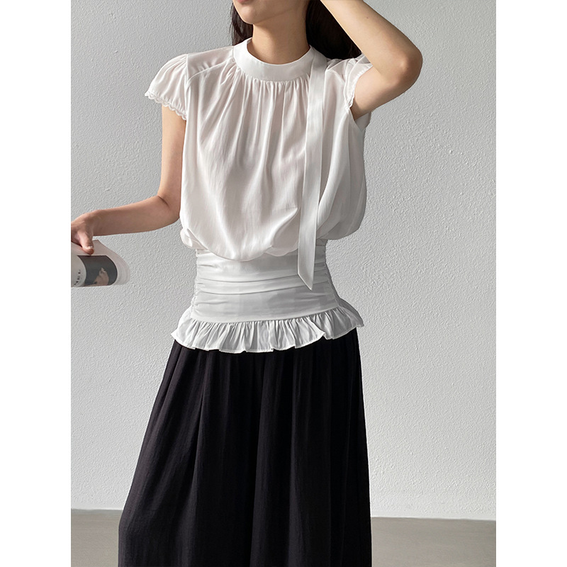 Jiangzuo White Lace-Up Short-Sleeved Shirt for Women, Summer Gentle and Elegant Style, Waist-Cinching, Slimming, Versatile Top 6566
