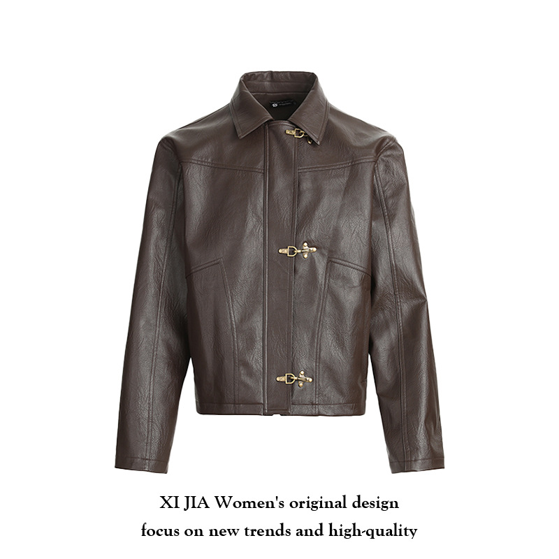 American Retro Aircraft Buckle Design Leather Jacket for Women 2025 Autum Loose Maillard Short Motorcycle Jacket