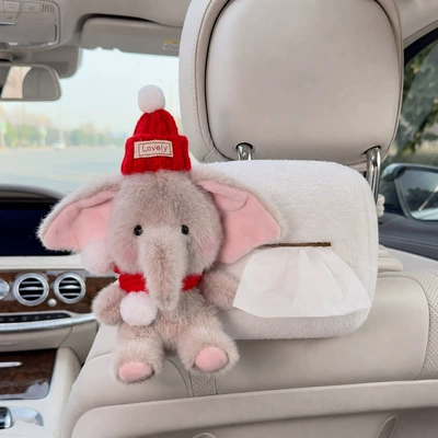 Cartoon elephant car creative seat back tissue holder, multifunctional tissue box for car armrest, car tissue box (Car tissue box/set) - red-hat-red-scarf-gray-elephant-bow-seat-version