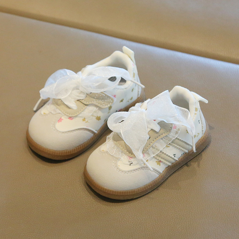 Girls 2025 New Autum Princess Sneakers Little Girls Korean Lace Moral Training Shoes Small and Medium-Sized Children's Soft-Soled Toddler Shoes