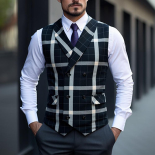 2025 Cross-border European and American Retro Casual Double-breasted Printed Horse Suit Vest Men's British Business Plaid Vest