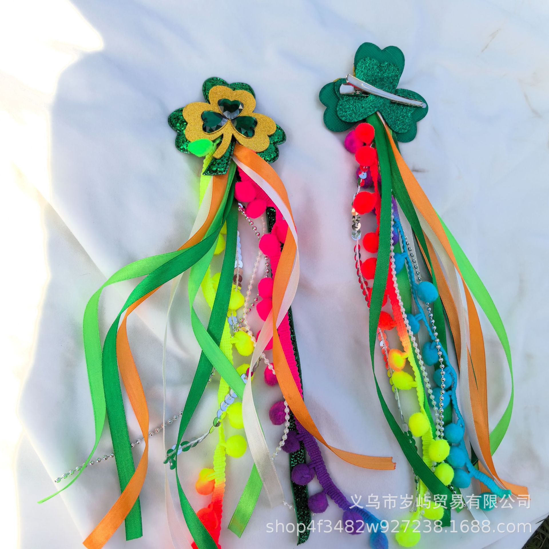 Irish Festival Lucky Four-leaf Clover Strap Hairpin Glitter Green Diamond Clover Duckbill Clip Headwear