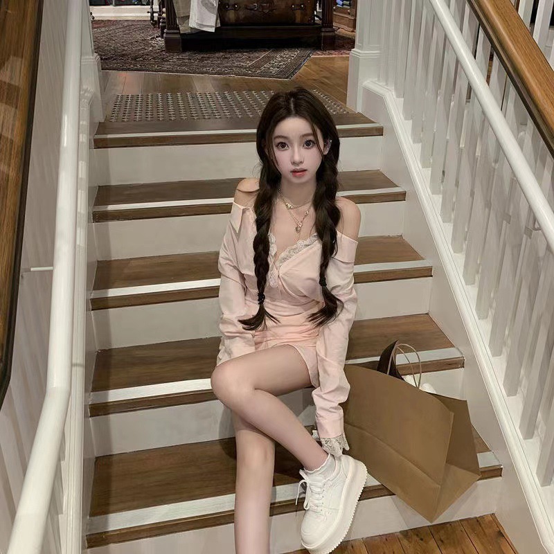 甜美长袖秋装短裙子修身连衣裙衬衫裙收腰蕾丝露肩翻领显瘦法式潮|undefined