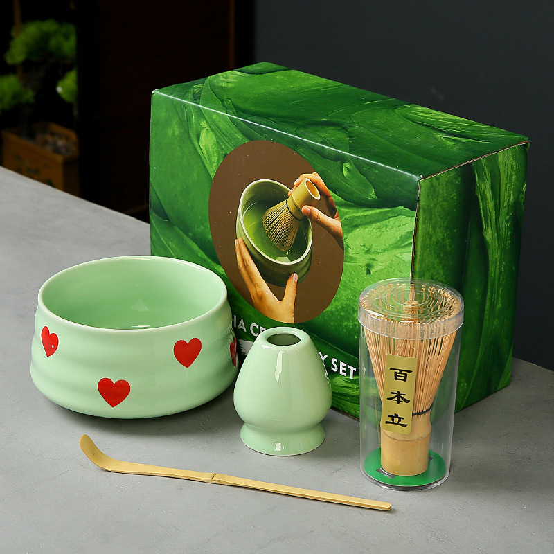 跨境抹茶碗套装樱桃蝴蝶结心形图案花纸陶瓷百本立茶筅点茶系列|undefined