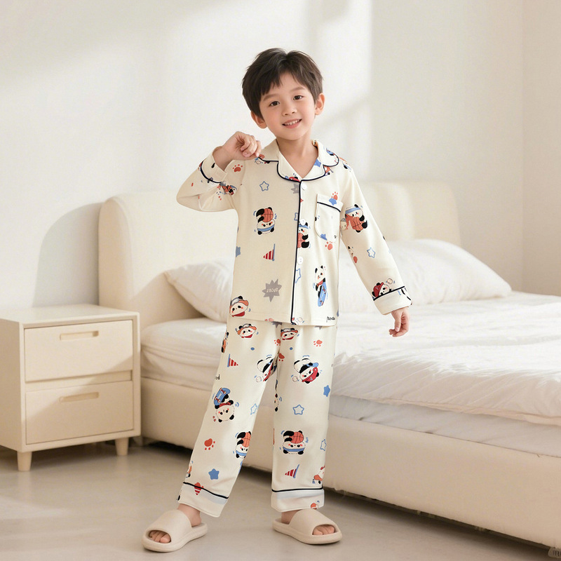 新款纯棉儿童长袖家居服男童女童翻领睡衣中大童春秋款家居服套装|undefined