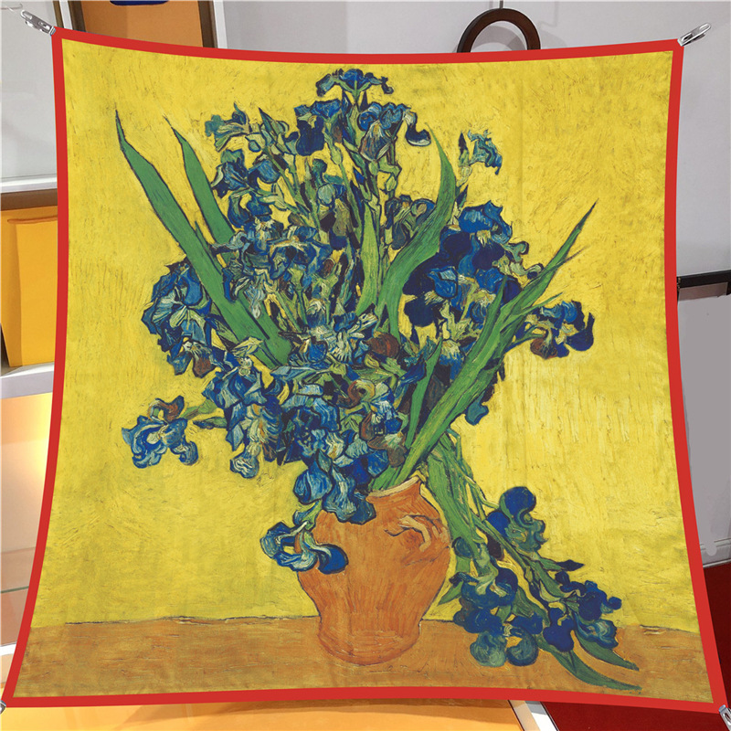 Styl malowania olejem, kwadratowy jedwabny splot dla kobiet Van Gogh, pole pszenicy, słonecznik, ręcznie robiony, zwinięty brzeg sc, dekoracyjny_voghion.com