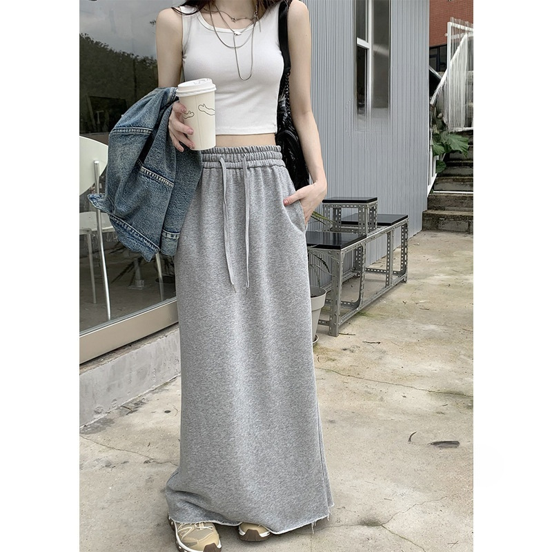Grey Skirt Women's Elaptic Waist Drawstring Casual Straight Skirt Summer High Waist Slimming A- Line Skirt Mid-Length Skirt