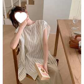 韩版条纹衬衫女夏季新款中长款休闲简约宽松显瘦百搭无袖上衣