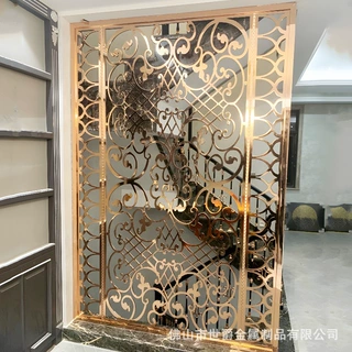 欧式别墅客厅书房玄关铜铝镀金屏风隔断 铝合金镂空雕花屏风定制
