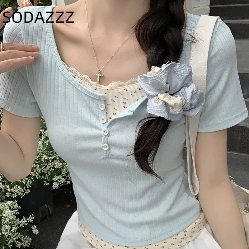 Милая кружевная футболка с короткими рукавами и искусственными двумя частями, укороченный топ с короткими рукавами для похудения