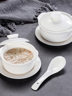 Ceramic Anti-scalding Soup Cup with Lid Two-ear Soup Cup Dessert Stew Bowl Hotel Creative Stew Cup Bird's Nest Cup Double-skin Milk Bowl