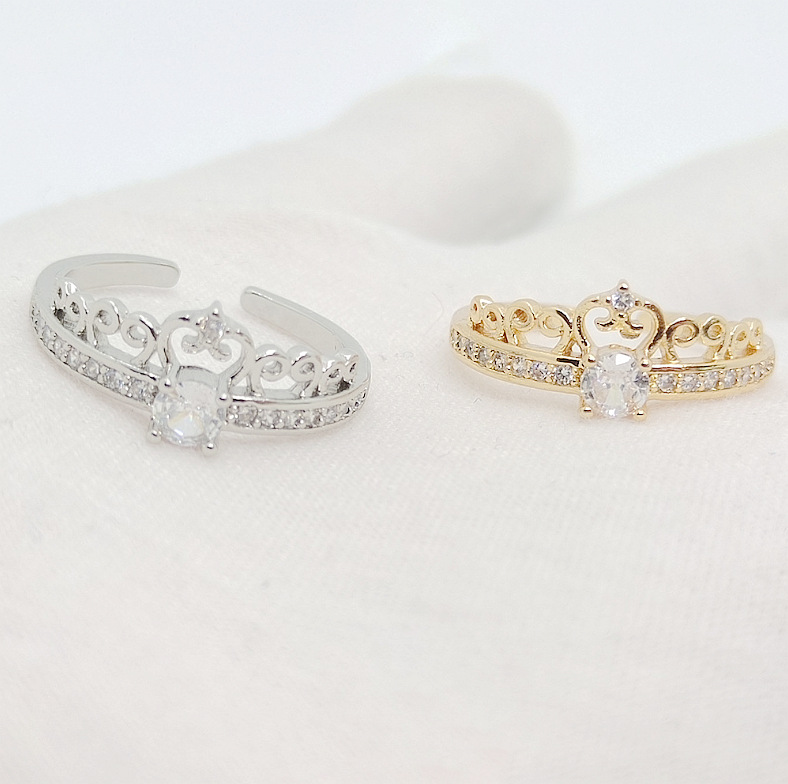 1 Piece Quantity Daily Occasion 18K Gold Plated Copper Vacuum Plating Zircon Waves Crown Classic Style Open Ring For Women'S