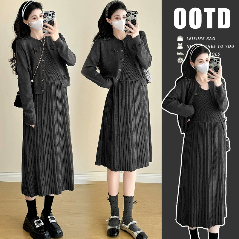 Осенний и зимний новый красный красный костюм для беременных большой размер вязаная юбка для беременных