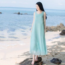 2024夏季新款飘逸雪纺打底背心无袖宽松显瘦连衣裙度假长裙沙滩裙