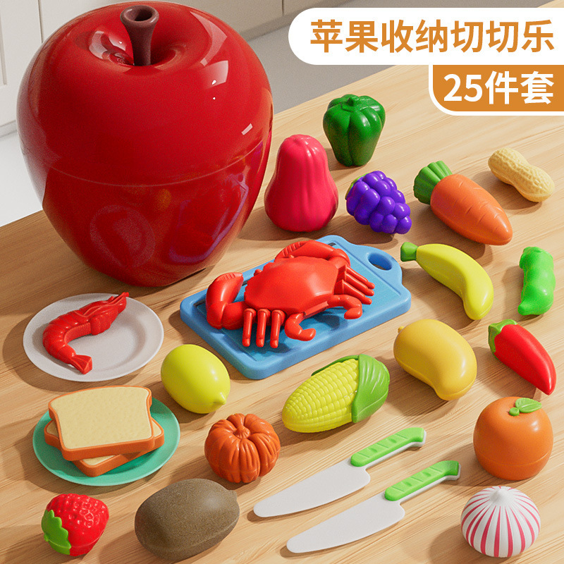 Frutas cortadas y cortadas, cáscaras pelables, juguetes de puzzle para niños, ejercicios cognitivos para bebés, almacenamiento en barril de manzana