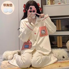 秋季新款带胸垫睡衣女春秋款长袖卡通可爱KT猫学生休闲家居服套装