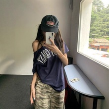 美式复古辣妹斜领短袖T恤女夏季小众慵懒风宽松显瘦露肩上衣