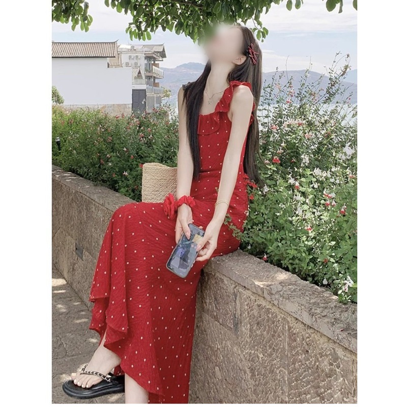 赤い水玉模様の小さなフライングスリーブサスペンダードレス女性の夏の腕をカバーするドーパミン海辺の休暇フィッシュテールビーチロングドレス|undefined