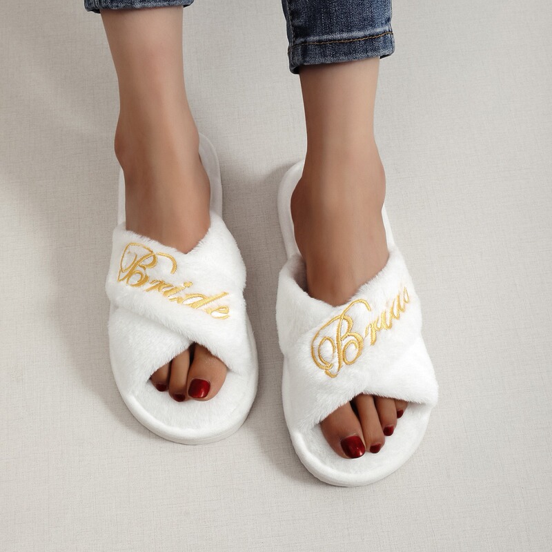 Embroidered wool plush slippers women's home indoor floor non-slip open-toe slippers cross-border foreign trade explosions spring and autumn slippers