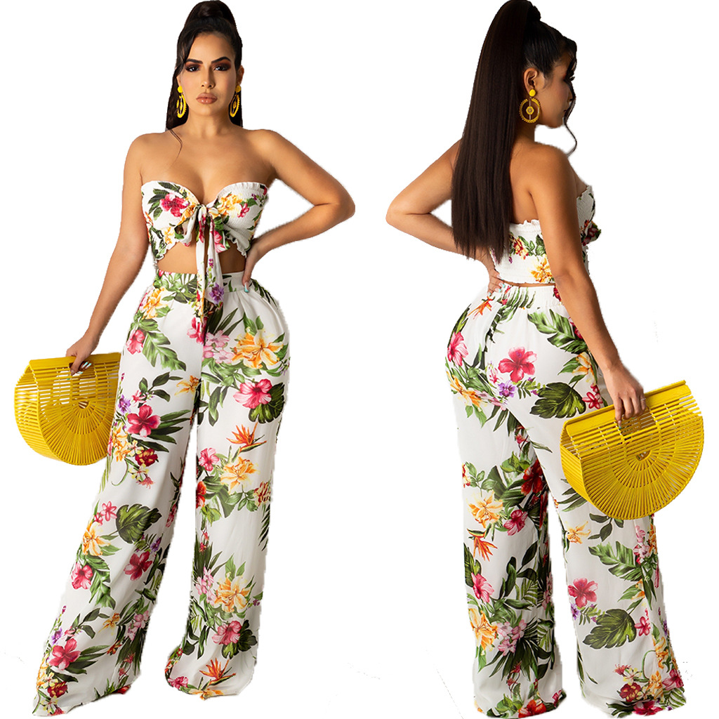 Floral Print Wrap Chest Stitching 2 Piece Set NSMRF116719