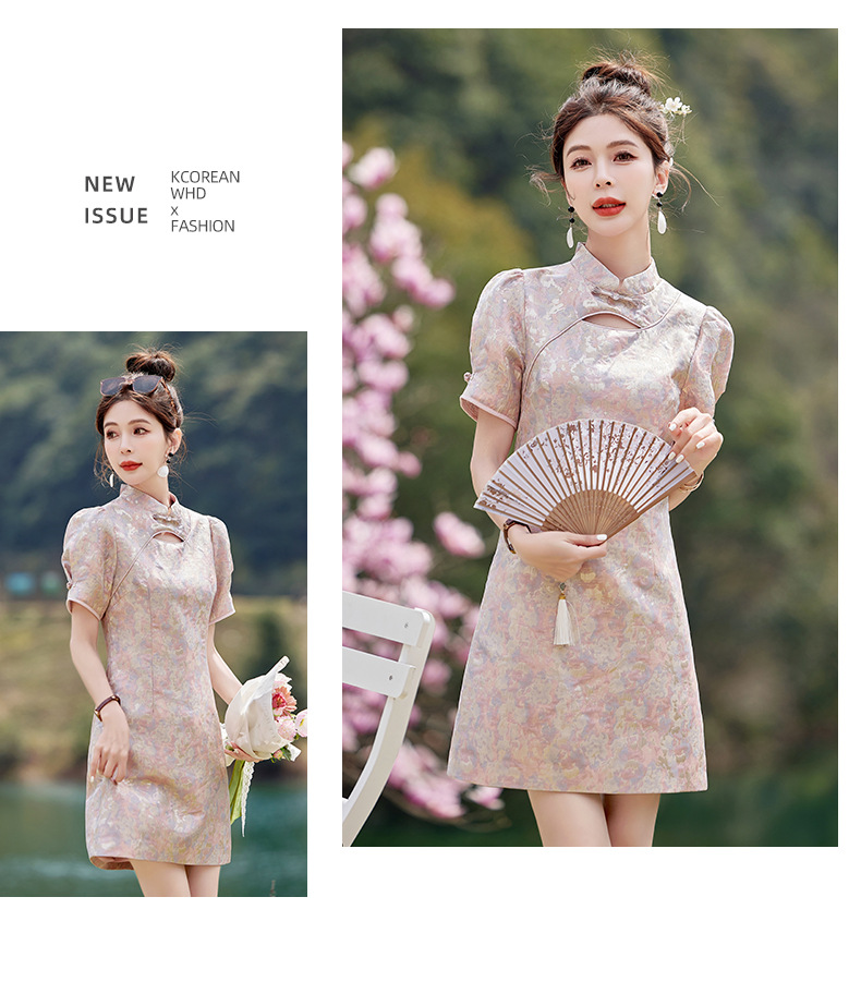 Váy maxi nữ phong cách Trung Quốc mới, cổ đứng cúc bọc, dáng dài vừa phải, thanh lịch thời trang — Màu xanh lam, Màu hồng chi tiết 16