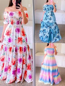 Line neck printed large swing strapless dress