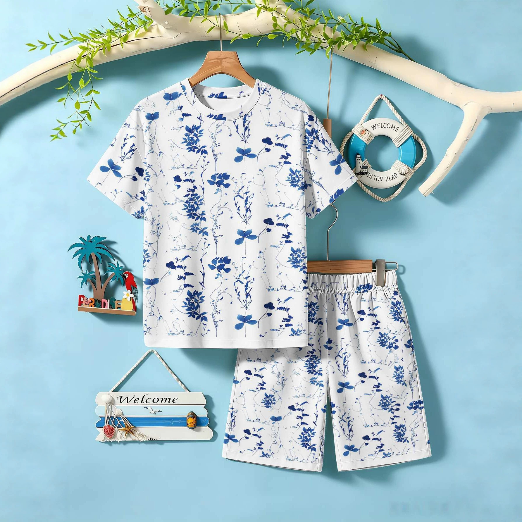 2026 Summer New Boys' Cherry 3D Print Short Sleeve T-Shirt And Shorts Two-Piece Set_voghion.com