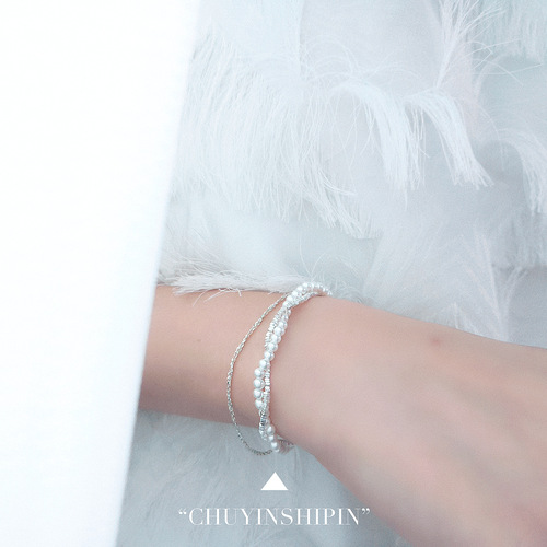 s925 sterling silver pearl square broken silver double-layer bracelet light luxury high-end temperament jewelry broken silver jewelry