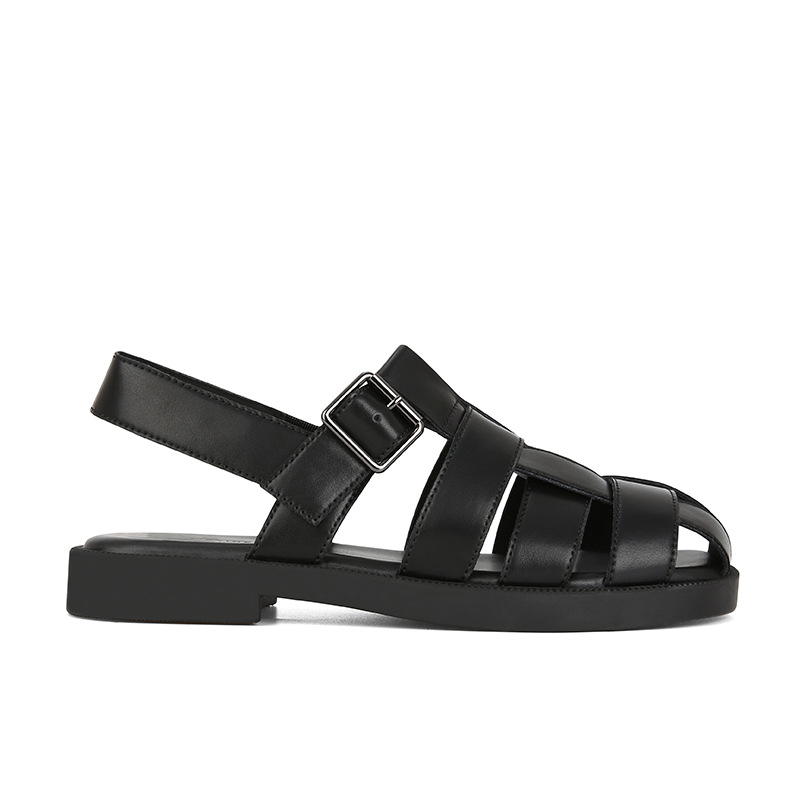 [sheii su] blanda explosión ~ cubierta de cuero real tejido hueco fondo plano sandalias romanas zapatillas de jaula de cerdo