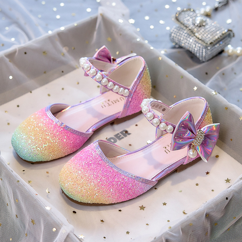 New Rainbow Party Girls' High-Heeled Princess Shoes, Student Performance Runway Shoes, Sequined Children's Trendy Leather Shoes