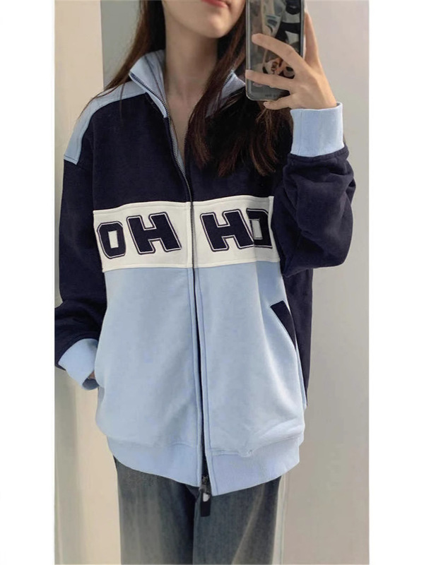 春秋薄款小众撞色oversize卫衣女小个子开衫拉链美式复古慵懒外套|undefined
