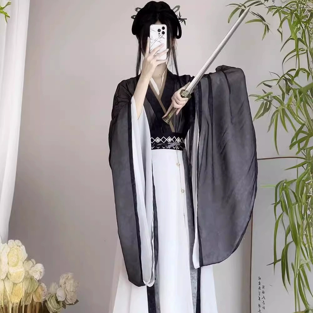 Оригинальный женский костюм Hanfu 2024 года, новая Однотонная юбка южных и северных династий с большим рукавом и перекрестным воротником, широкий рукав, повседневный костюм для похудения