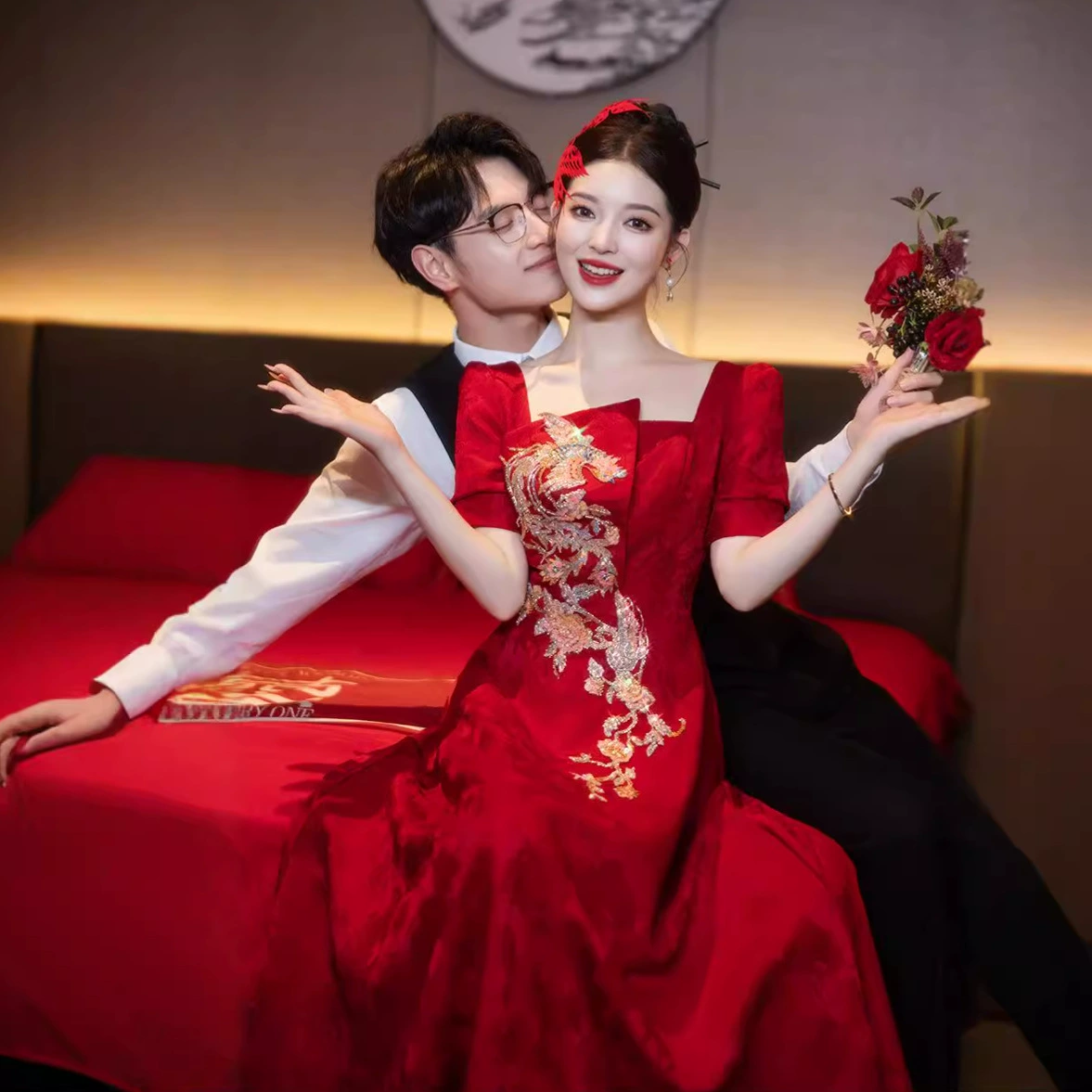 Burgundy long evening dress for bride, Chinese style