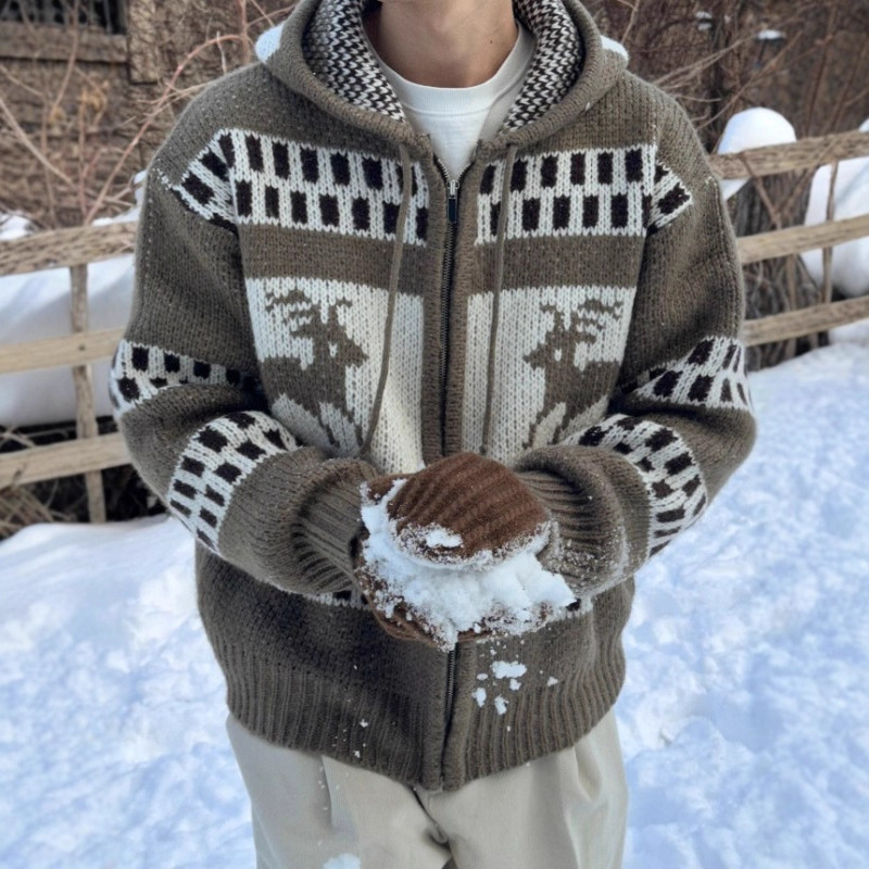 American Retro Christmas Sweater for Men, Hooded Winter Fair Isle Jacquard Christmas Zip-Up Lazy Style Cardigan Knit Jacket