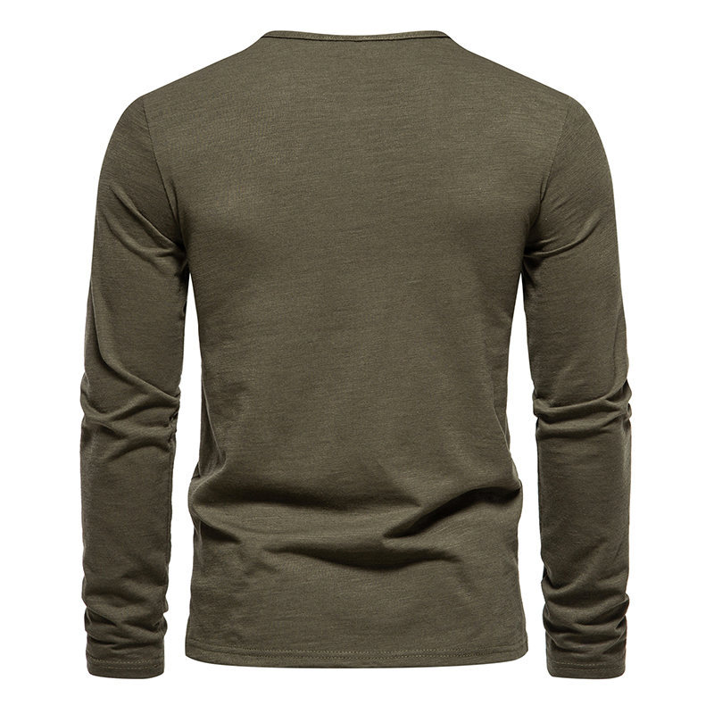 T-shirt da uomo a maniche lunghe con collo Henry a quattro bottoni in cotone tinta unita in bambù per l'autunno e l'inverno dei nuovi uomini_voghion.com